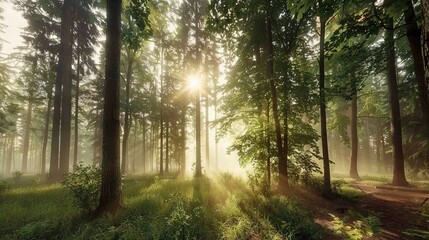 Obraz premium The sun illuminates the forest, casting rays through towering, slender trees on a lush green landscape of tall grass