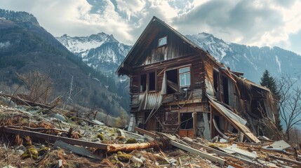 A house situated on the side of a hill. Suitable for real estate or nature concepts