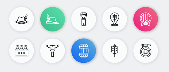 Set line Wooden barrel, on rack, Pack of beer bottles, Wheat, Bottle opener, Street signboard with and Sausage the fork icon. Vector