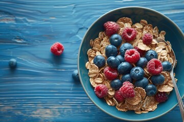 Blue Wood. Bowl of Cereal with Blueberries and Raspberries on Blue Surface