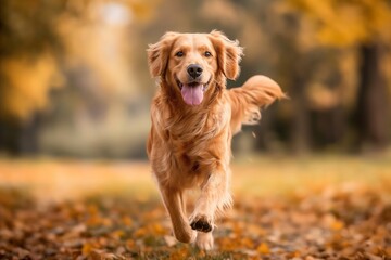 A lively golden retriever dog is captured dashing towards the camera across a lush green lawn. The dog's expression reveals a sense of excitement and exuberance.