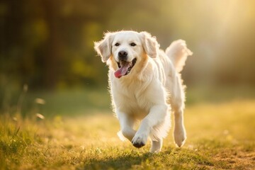 A lively golden retriever dog is captured dashing towards the camera across a lush green lawn. The dog's expression reveals a sense of excitement and exuberance.