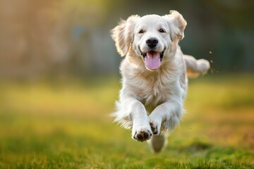 A lively golden retriever dog is captured dashing towards the camera across a lush green lawn. The dog's expression reveals a sense of excitement and exuberance.