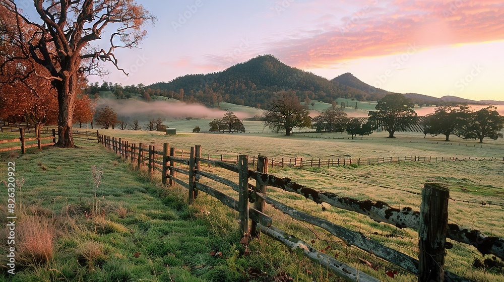 Wall mural  A field with a fence separating it from a tree on one side and a mountain in the background