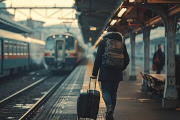 A person with a backpack walking down a train platform. Suitable for transportation concepts