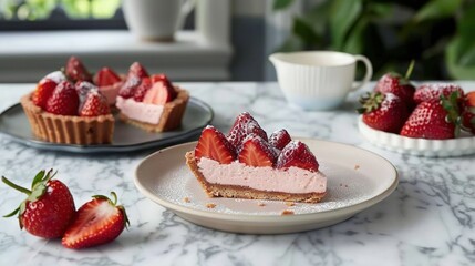   A white plate holds a slice of cheesecake under strawberries and another plate of strawberries