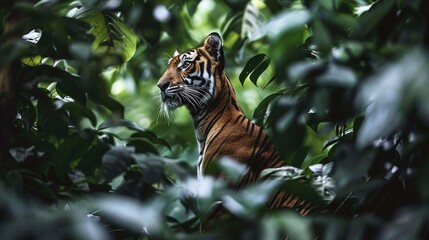   A tiger standing in a forest of lush green trees with leaves covering its head