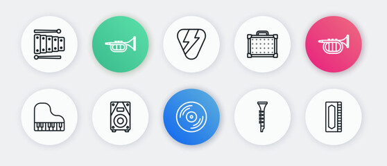 Set line Vinyl disk, Trumpet, Grand piano, Clarinet, Guitar amplifier, pick, Harmonica and Stereo speaker icon. Vector