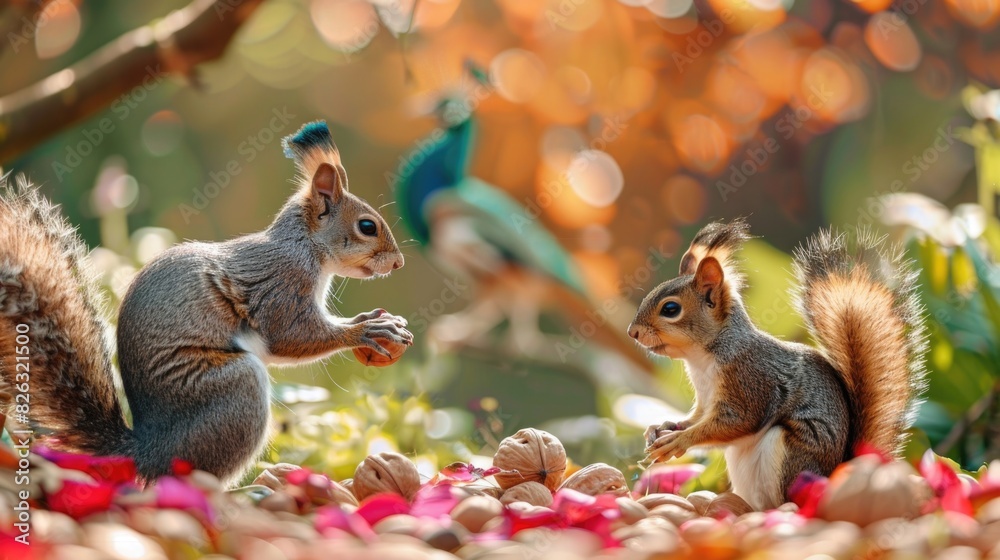 Poster a charming image of two squirrels standing side by side. perfect for nature-themed designs