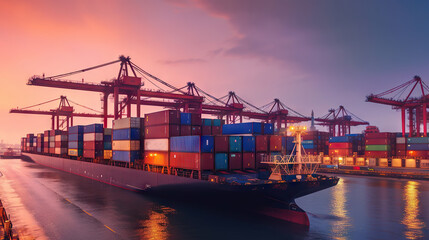 Container cargo ship with cranes at a port during a vivid sunset, reflecting colors on water