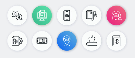 Set line Online education, Graduation cap speech bubble, Exam sheet with A plus grade, Book apple, Electronic book mouse, mobile, Audio and icon. Vector