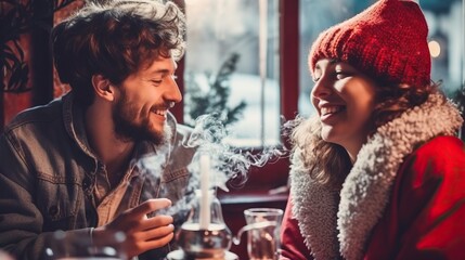 Fototapeta premium A romantic couple shares a warm moment over drinks during a cozy winter evening