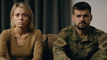 Obraz premium A serious conversation between a civilian woman and a military man in uniform