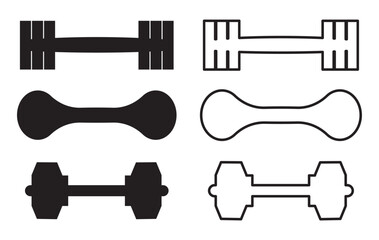 Dumbbell icon. Set of different dumbbell. Dumbbells for a sports hall. Black sign design gym items on white background in eps 10.