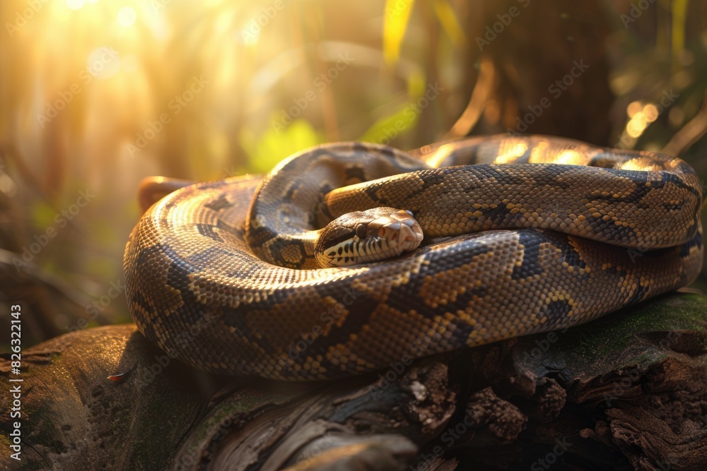 Poster Close up of a snake on a tree branch. Suitable for nature and wildlife concepts