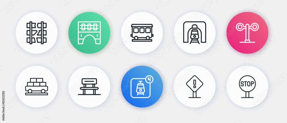 Sticker set line online ticket booking, train traffic light, cargo train wagon, exclamation mark square, rai