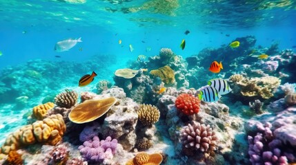 Fototapeta premium This image showcases a bustling marine ecosystem with vividly colored coral and a variety of tropical fish swimming around