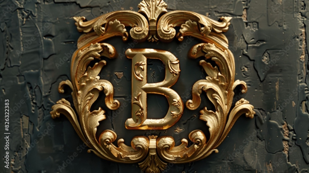 Poster gold letter b displayed on a black wall. suitable for branding and design projects