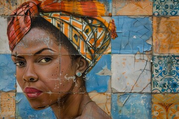 Vivid mural of a woman's face painted across ceramic tiles with visible cracks and wear