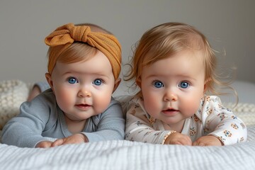 Two charming little babies lie on the white sheet on bed linen at home and smile. Childhood concept.