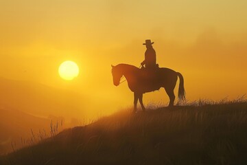 A man on horseback riding on a grassy hill. Perfect for outdoor and equestrian themes