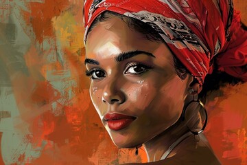 Vibrant digital painting of a woman adorned with a red headscarf, exuding grace and confidence