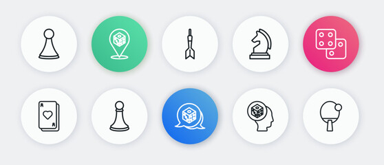 Set line Game dice, Playing cards, Chess, Dart arrow, Racket and pawn icon. Vector