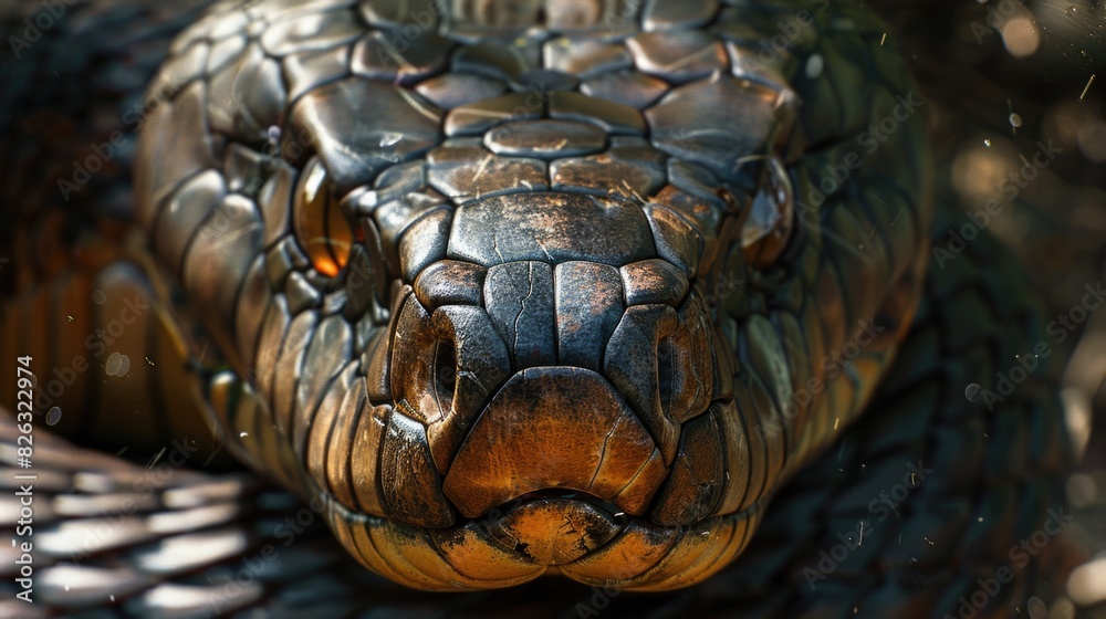 Poster close up of a snake's head with a blurry background. suitable for nature and wildlife concepts