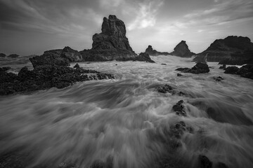 Scenic view of the seascape in Gigi Hiu Lampung, Indonesia in grayscale