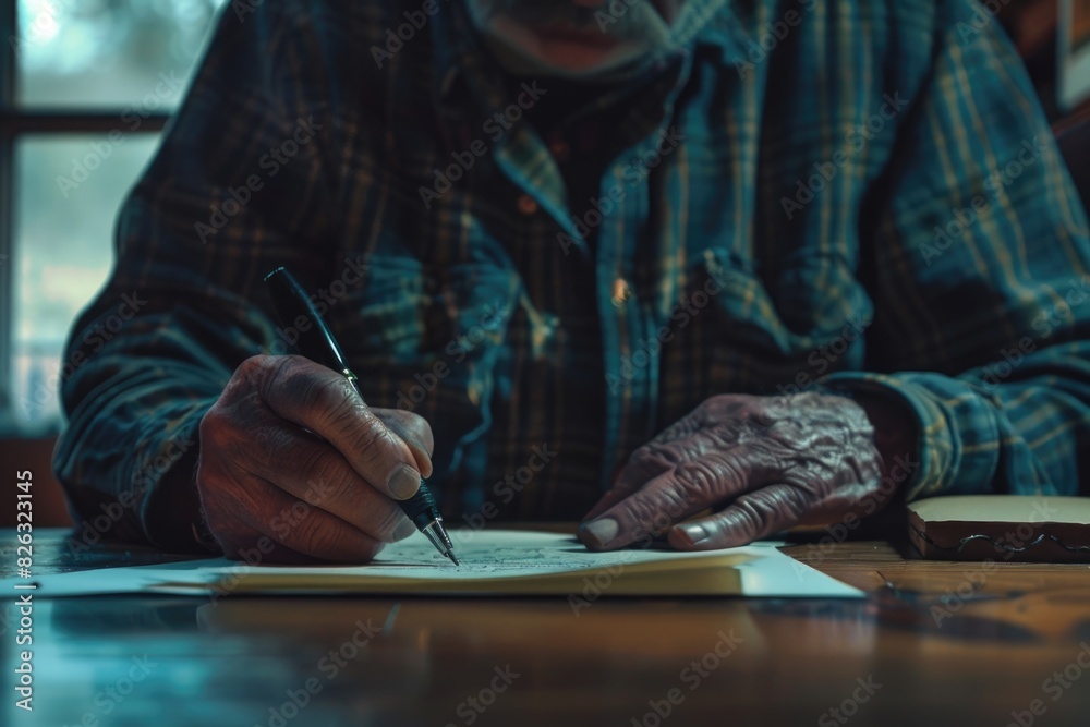 Aufkleber a man sitting at a table writing on a piece of paper. ideal for educational or business concepts