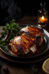 Realistic photo of delicious bbq turkey thighs served on a plate