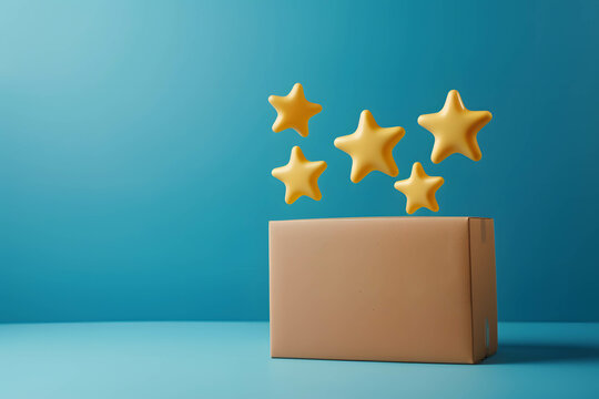 Reviews, ratings and feedback from online ordering and delivery, customer satisfaction, a cardboard box from a delivery and yellow stars on box
