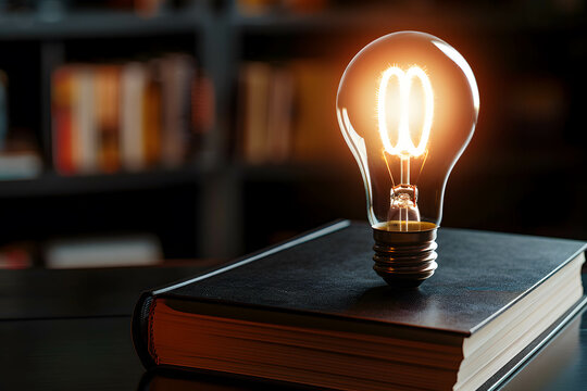 Learning and knowledge increases your chances of employment and advancement in life, using imagination Ideas and thinking, light bulb on book