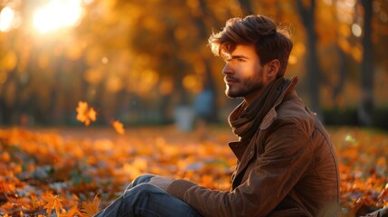 Fototapeta premium A man sitting in a field of fallen leaves, perfect for autumn-themed designs