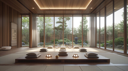 Tranquil minimalist meditation room with natural light and copy space