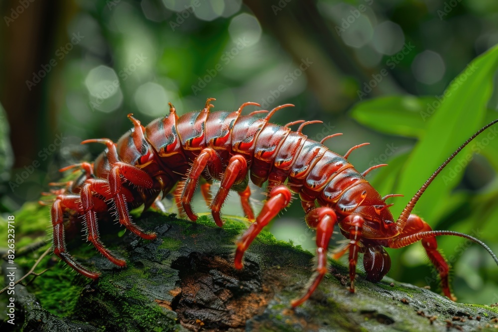 Poster close up of a red insect on a tree branch. suitable for nature and wildlife themes