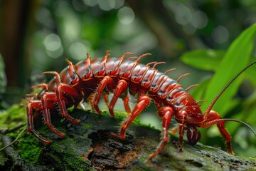 Close up of a red insect on a tree branch. Suitable for nature and wildlife themes