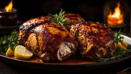 Realistic photo of delicious bbq turkey thighs served on a plate