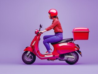 Side view of a woman in a red helmet riding a red scooter with a delivery box against a purple background.