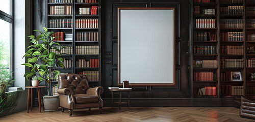 Cozy library setting with mahogany bookshelves and a white empty frame for intellectual contemplation.