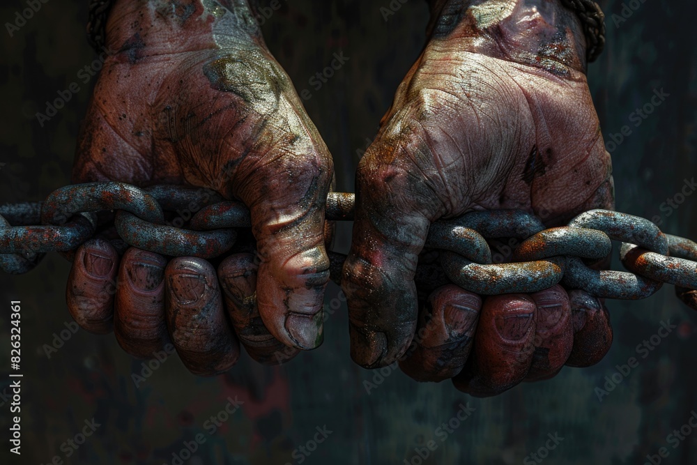 Poster A close-up image of two hands holding a chain. Suitable for illustrating concepts of unity and teamwork