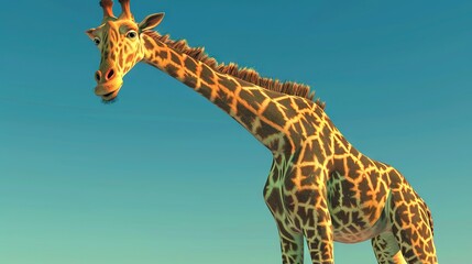   A giraffe gracefully stands sideways in the blue sky, its head turned to the side