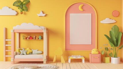 whimsical childrens bedroom with bunk bed and playful wall decor blank canvas mockup 3d illustration