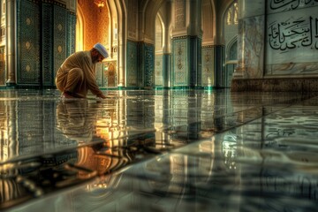 A man kneeling on the ground in a mosque, suitable for religious and cultural themes
