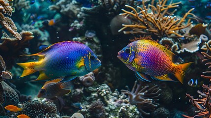 Fototapeta premium Two colorful fish are swimming in the sea, surrounded by corals and other marine life. 