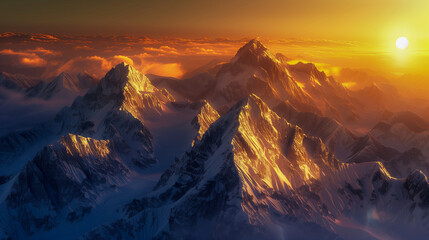 Obraz premium Majestic Mountain Peaks Under Golden Sunrise.