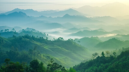 Obraz premium Misty mountain landscape in green and blue hues, nature background