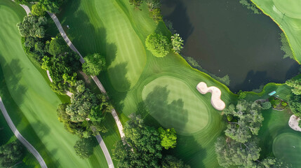 aerial top view photography of beautiful luxury golf course club with lake or lagoon, sunny day