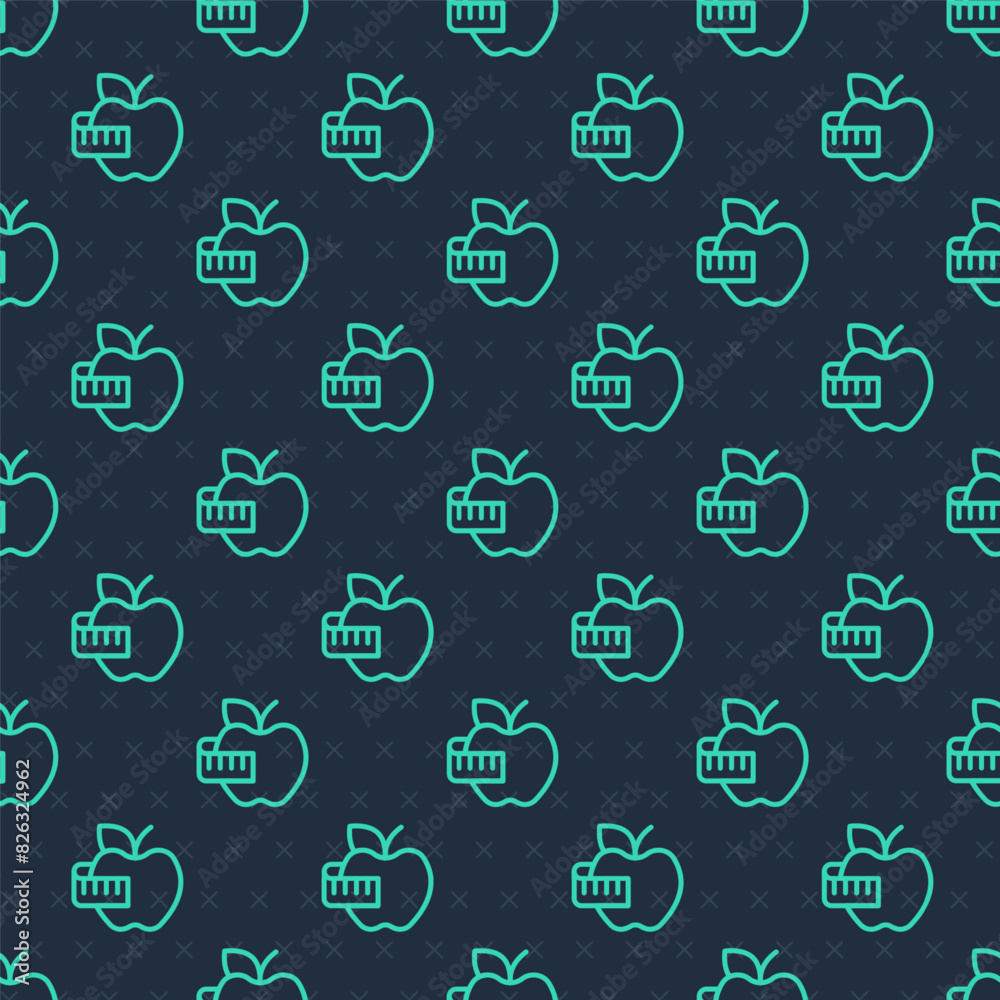 Canvas Prints Green line Apple and measuring tape icon isolated seamless pattern on blue background. Excess weight. Healthy diet menu. Fitness diet apple. Vector