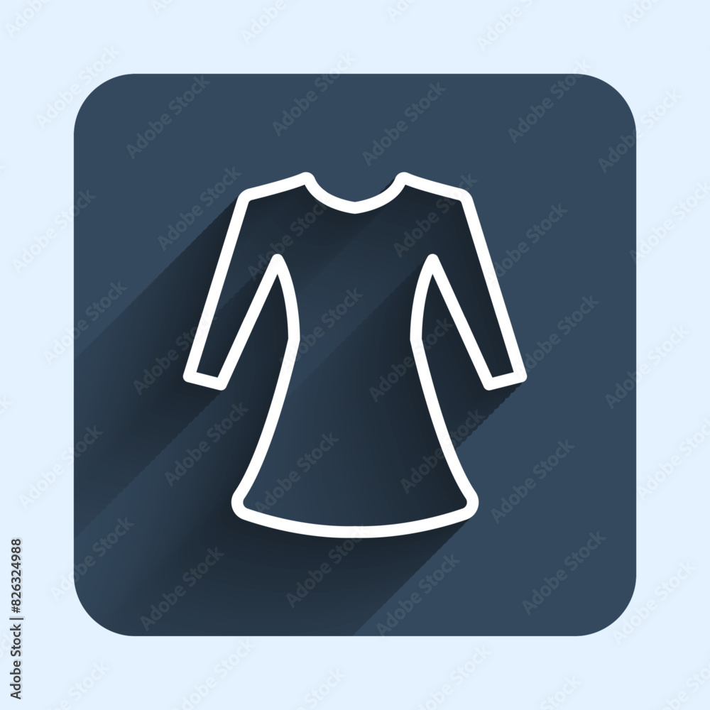 Sticker White line Woman dress icon isolated with long shadow background. Clothes sign. Blue square button. Vector